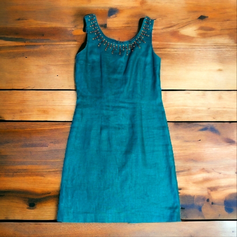 Sleeveless Teal Embellished Sheath Dress - Brand: